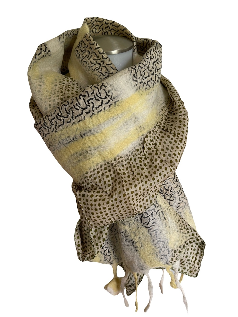 Nuno Felted Neutral & Pale Yellow Patterned Silk/Wool Women's Scarf